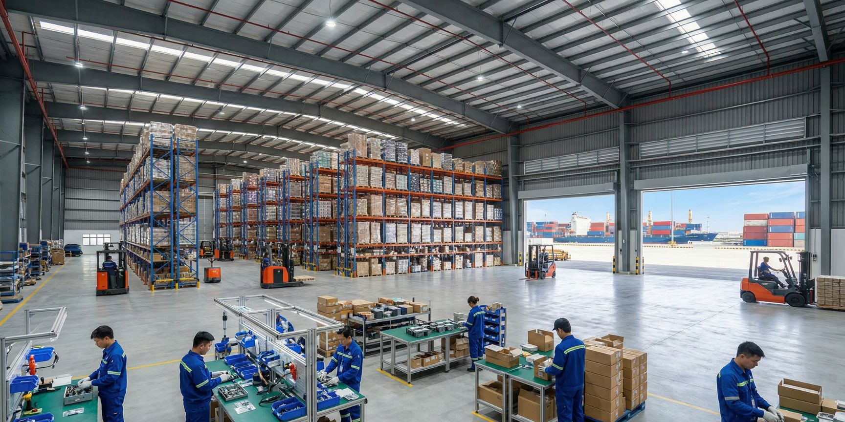 Innenaufnahme eines hochmodernen, weitläufigen Grade-A-Logistikzentrums an einem Offshore-Standort in Südostasien. Im Vordergrund sind lokale Arbeitskräfte an Montage- und Verpackungsstationen für Value-Added Services (Kitting, Etikettierung) beschäftigt. Dahinter massive Hochregallager und Gabelstapler, die Paletten bewegen. Durch die offene Laderampe im Hintergrund ist ein Containerterminal an einem Hafen sichtbar.